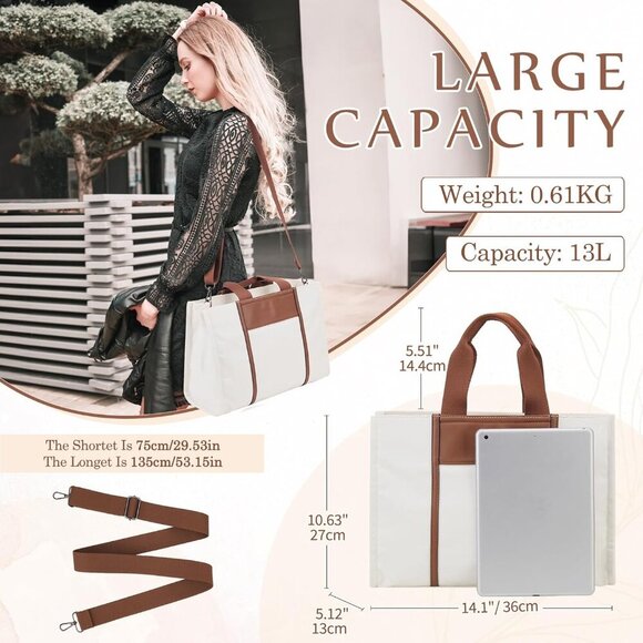 Canvas Tote Bag Women Large Capacity Detachable Strap Travel Office - Picture 6 of 7